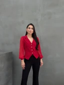 Kadın Gömlek Düğmeli Uzun Tül Kollu Ceket Yaka Bele Oturan Gömlek Siyah - 10
