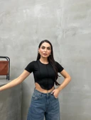 Kadın Crop Tişört Kısa Kollu Bisiklet Yaka Dikiş Detaylı thumbnail 7