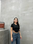 Kadın Crop Tişört Kısa Kollu Bisiklet Yaka Dikiş Detaylı thumbnail 10