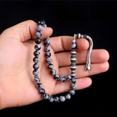 Zirkon Taşlı Gümüş Püsküllü Karlı Obsidyen Taşı Tesbih thumbnail 2