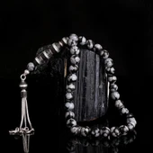 Zirkon Taşlı Gümüş Püsküllü Karlı Obsidyen Taşı Tesbih thumbnail 1