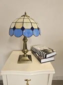 Yüceeller El Yapımı Eskitme Vitray Retro Barok Abajur Masa Lambası Oturma ve Yatak Odası Mavi Beyaz Siyah - 3
