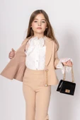 Kız Çocuk Dantel İşlemeli İspanyol Kol Bluz Zincir Düğme Detaylı Blazer Ceket Krem Alt Üst Takım thumbnail 4