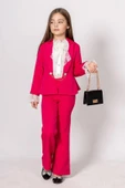 Kız Çocuk Dantel İşlemeli İspanyol Kol Bluz Zincir Düğme Detaylı Blazer Ceket Fuşya Alt Üst Takım thumbnail 2