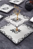 Piatti Naturali Çift Katlı Seramik Black Rose Desen Kurabiyelik Aperatif İki Katlı Sunum Tabağı Servis Seti İkramlık - 1