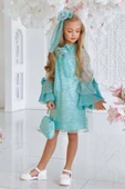 Kız Çocuk Boydan Üzeri Dantel İşlemeli Fiyonk Detaylı İspanyol Kollu Su Yeşili Elbise thumbnail 3