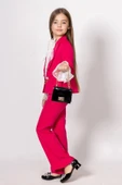 Kız Çocuk Dantel İşlemeli İspanyol Kol Bluz Zincir Düğme Detaylı Blazer Ceket Fuşya Alt Üst Takım thumbnail 4