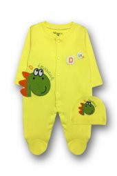 Unisex Bebek Tulum Y0026 Dinazor Detaylı Tulum, Şapka Ve Eldiven Takım-8003 Sarı - 1