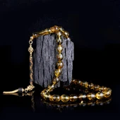 Zirkon Set Gümüş Püsküllü Çöp Fosilli Damla Kehribar Tesbih thumbnail 1