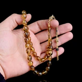 Zirkon Set Gümüş Püsküllü Çöp Fosilli Damla Kehribar Tesbih thumbnail 2