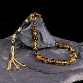 ZİRKON TAŞ ALTIN KAPLAMA GÜMÜŞ PÜSKÜLLÜ DAMLA KEHRİBAR TESBİH thumbnail 1