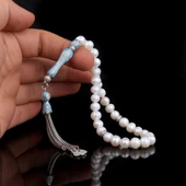 TURKUAZ MİNE ZİRKON TAŞLI GÜMÜŞ SET İNCİ TAŞLI TESBİH thumbnail 2