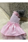 Pembe Beyaz Kareli Kurdeleli Güpürlü Kedi Köpek Kıyafeti Elbisesi XSmall/XS/Beden 0 - 3