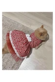 Beyaz Çiçek Desenli Fiyonklu Kırmızı Kedi Köpek Kıyafeti Elbisesi - 1