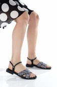 MİA028-3010 Hakiki Deri Kadın Günlük Konforlu SİYAH GÜMÜŞ Tatil Sandalet thumbnail 2