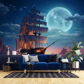 Gece Ay Deniz Korsan Gemisi Manzaralı Duvar Kağıdı thumbnail 1