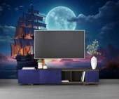 Gece Ay Deniz Korsan Gemisi Manzaralı Duvar Kağıdı thumbnail 3