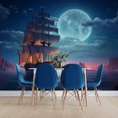 Gece Ay Deniz Korsan Gemisi Manzaralı Duvar Kağıdı thumbnail 5