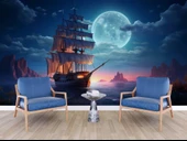 Gece Ay Deniz Korsan Gemisi Manzaralı Duvar Kağıdı thumbnail 6
