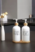 2 Li Bambu Altlıklı Sıvı Sabunluk Seti Beyaz - 3