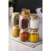 6 Lı Set Bambu Kapaklı Cam Kavanoz & Baharat Takımı & Baharatlık 200 ML ( Vakum Kapak ) - 1
