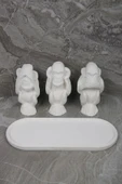 3 Maymun Görmedim Duymadım Bilmiyorum Beton Biblo Tepsili Boyanabilir Beyaz Set - 5