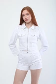 Kadın Taş Detaylı Fermuarlı Jean Ceket - 2