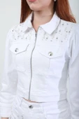Kadın Taş Detaylı Fermuarlı Jean Ceket - 7