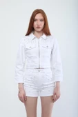 Kadın Taş Detaylı Fermuarlı Jean Ceket - 4