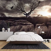 Gün Batımı Geyik ve Kuş Temalı Duvar Kağıdı thumbnail 2