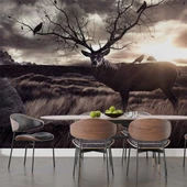 Gün Batımı Geyik ve Kuş Temalı Duvar Kağıdı thumbnail 5