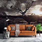 Gün Batımı Geyik ve Kuş Temalı Duvar Kağıdı thumbnail 1