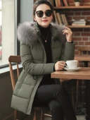 Kışlık Kürk Detaylı Orta Boy Kadın Şişme Mont co122haki2 thumbnail 3