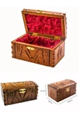Ceviz Ahşap El Oyması Maraş Sandık Motifli Kutu 16 cm Küpe Yüzük Mücevher Takı Kutusu Kadife Kaplı - 1