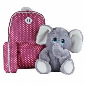 Pembe Puantiyeli Okul Çantası Fil Peluş Oyuncak İkili Set - 1