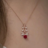 ​Gümüş Rose Kırmızı Gül Kolye thumbnail 3