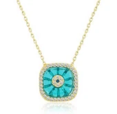 Gümüş Gold Kare Camgöz Nazar Bayan Kolye - 1