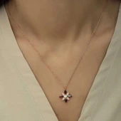 Gümüş Rose Kırmızı Taşlı Umut Çiçeği Kolye - 4