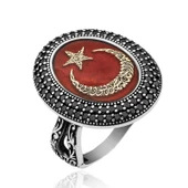 Gümüş Göktürkçe alfabesi Yazılı Ay Yıldız Bayan Yüzük thumbnail 2