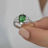 Gümüş Yeşil Baget Taşlı Kadın Yüzük - 6