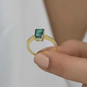 Gümüş Gold Yeşil Baget Taşlı Kadın Yüzük thumbnail 7