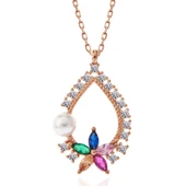 Gümüş Rose Renkli Taşlı Çiçekli Kadın Kolye thumbnail 1