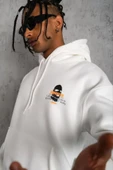 Erkek Kordonlu Maske Baskılı Kapüşonlu Sweat - Beyaz - 1