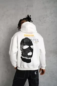 Erkek Kordonlu Maske Baskılı Kapüşonlu Sweat - Beyaz - 2