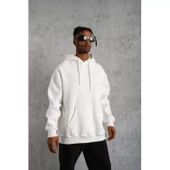 Erkek Düz Kapüşonlu Sweat - Beyaz - 3