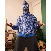 Erkek 2 İplik Bape Kapüşonu Fermuarlı Hırka - Mavi - 1
