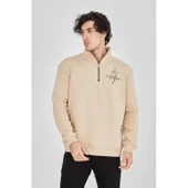 Erkek Yarım Fermuarlı Baskılı Sweat - Bej - 3