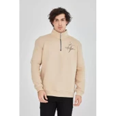 Erkek Yarım Fermuarlı Baskılı Sweat - Bej - 1
