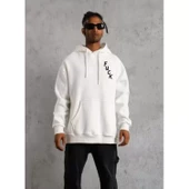 Unisex Kapşonlu Uzun Kol Baskılı Sweetshirt - Beyaz - 2