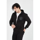 Erkek Kapüşonlu Baskılı Fermuarlı Hırka - Siyah - 4